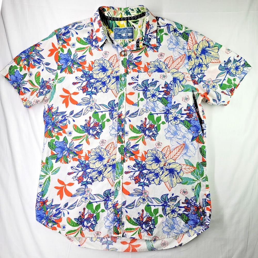 Huntington Beach Club Button Up Shirt Large Hawaiian Floral Print Short Sleeve